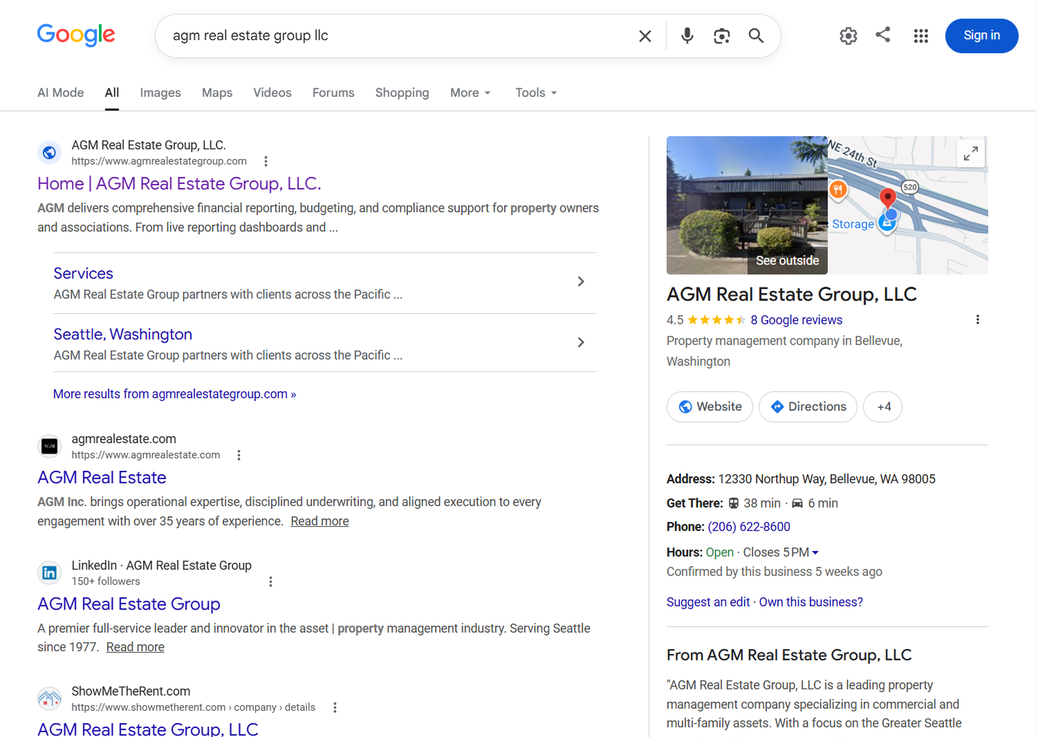 Google search for AGM Real Estate Group, LLC showing a 4.5-star rating with 8 Google reviews