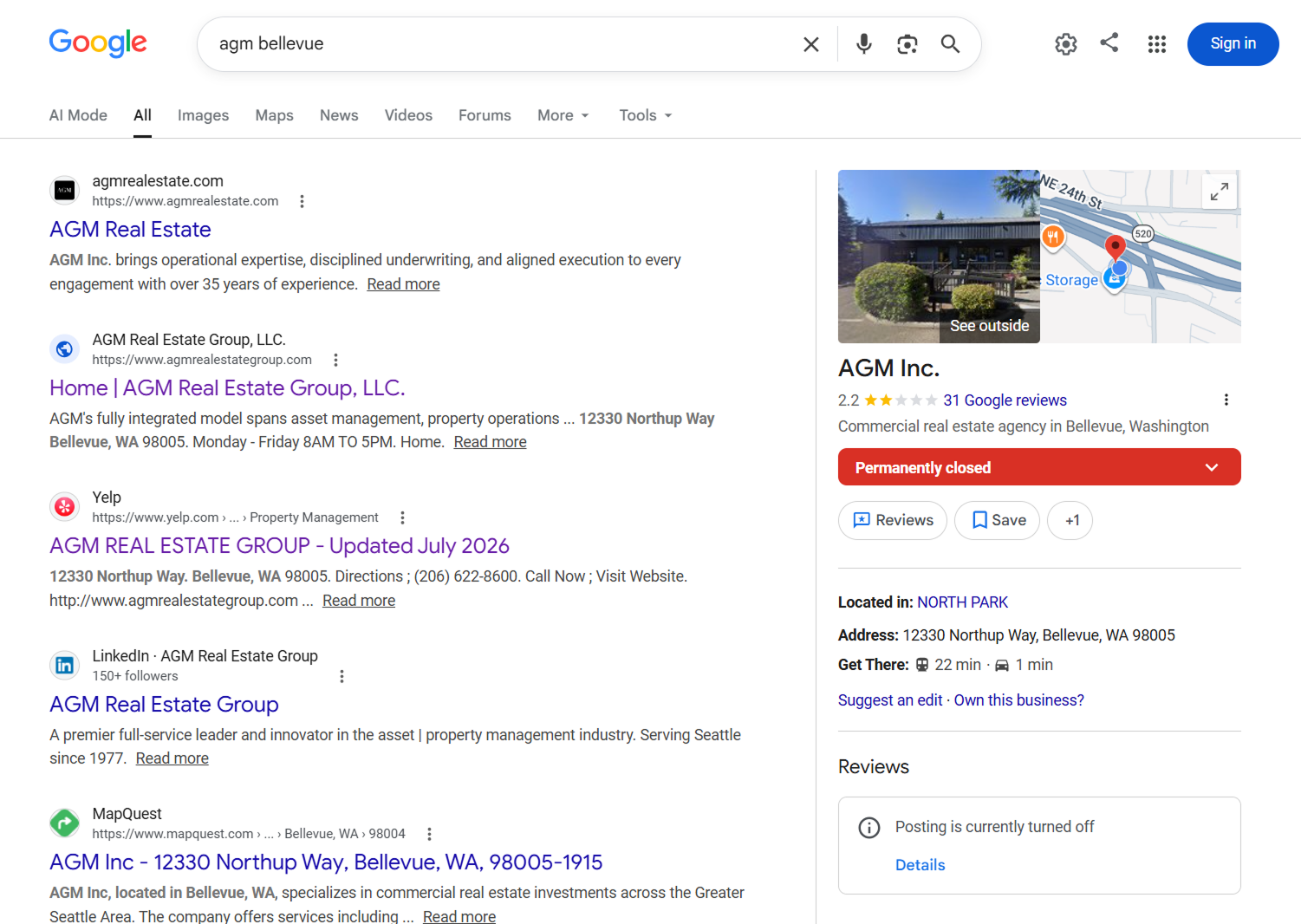 Google search for the old AGM Inc profile showing a 2.2-star rating, 31 reviews, and permanently closed